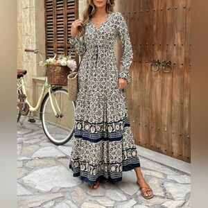 NEW Boho Floral Print Tiered Ruffle Maxi Dress Long Sleeve Blue White Tan